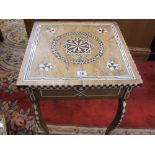 AN EASTERN STYLE BONE & HARDWOOD INLAID SIDE TABLE, 57 cms high, 41 cms square top (faded,