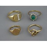 FOUR NINE CARAT GOLD DRESS & SIGNET RINGS, 13 grms gross including a crossover knot, size J, a