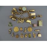 A NINE CARAT GOLD CHARM BRACELET WITH PADLOCK CLASP holding twelve charms along with a further