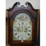 A MID TO LATE 19th CENTURY OAK & MAHOGANY LONGCASE CLOCK having an arched hood with painted dial