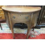 AN EDWARDIAN MAHOGANY & LINE INLAID COMPACT DRUM CABINET having a centre drawer with two cupboards