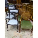 A PARCEL OF MIXED CHAIRS - a set of three Edwardian dark wood drawing room chairs with powder blue