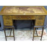 AN EDWARDIAN MAHOGANY & CROSSBANDED LADY'S KNEEHOLE WRITING DESK with centre drawer and two box