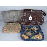 FOUR LADY'S VINTAGE EVENING BAGS including two crocodile and two Eastern silk embroidered