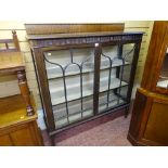 AN EARLY 20th CENTURY MAHOGANY TWO DOOR CHINA DISPLAY CABINET having shaped panels and short