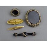 FIVE VICTORIAN GOLD & OTHER BROOCHES including a fifteen carat gold brooch set with small diamonds