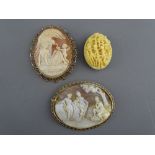 TWO CARVED SHELL CAMEO BROOCHES and a 19th Century Canton style carved ivory brooch, one cameo