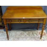 A VICTORIAN MAHOGANY RAILBACK SIDE TABLE with two drawers and corner turned and reeded supports, 106