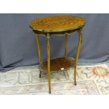A NEAT FRENCH STYLE KINGWOOD TWO TIER OCCASIONAL TABLE, the shelves having brass rims and with