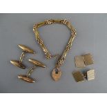 A PAIR OF NINE CARAT GOLD OBLONG CUFFLINKS, 5.7 grms, a nine carat gold link bracelet and padlock,