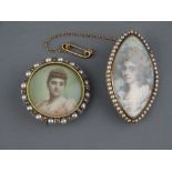 A GEORGE III OVAL PORTRAIT MINIATURE & SEED PEARL BROOCH with a later example nine carat gold seed