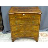 A GOOD REPRODUCTION WALNUT CONCAVE FOUR DRAWER CHEST, the top with quarter cut burr walnut and