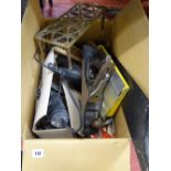 Box of various garage hand tools including Stanley plane, small angle grinder etc E/T