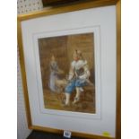 Follower of GEORGE GOODWIN KILBURN watercolour - Cavalier sitting at a table with maid serving, 29 x