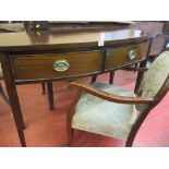 Late 19th/early 20th Century bow front mahogany side table, a polished and upholstered elbow chair