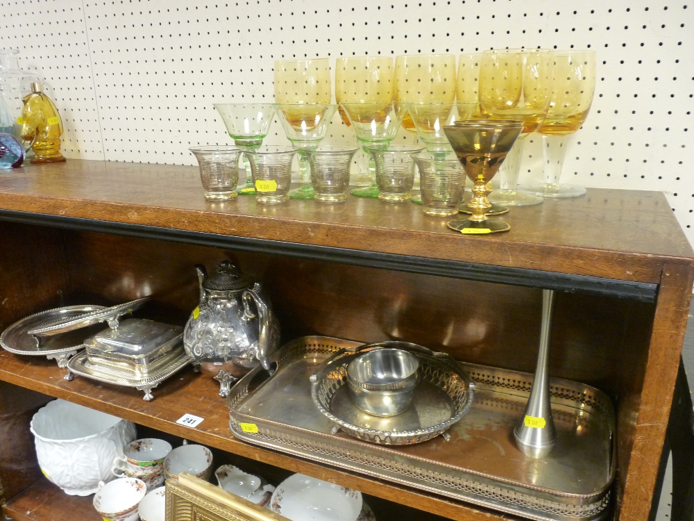 Pair of three footed electroplate letter trays, plated sardine dish, galleried tray, glassware etc