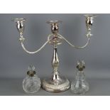 Good quality Viners EPNS three sconce candelabra and two cut glass dressing table scent bottles with