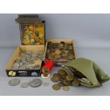 Vintage biscuit tin and a zip-up bag containing a collection of pre-decimal and other British and