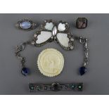 Art Deco style silver brooch set with turquoise and marcasites with further marcasite and other