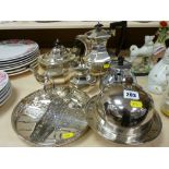 Three piece octagonal shaped tea service and an electroplate muffin dish