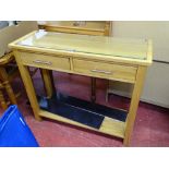 Modern light oak two drawer hall table with base shelf