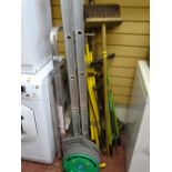 Parcel of long handled garden tools, metal stepladder and one other multi-way ladder