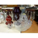 Pair of ruby glass lustres, cranberry glass, Pesta Collection glass basket etc