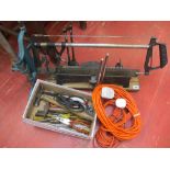 Mitre saw, drill sand, assortment of garage hand tools, extension leads etc E/T