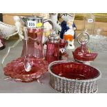 Good selection of cranberry glassware, most with silver and white metal mounts/containers