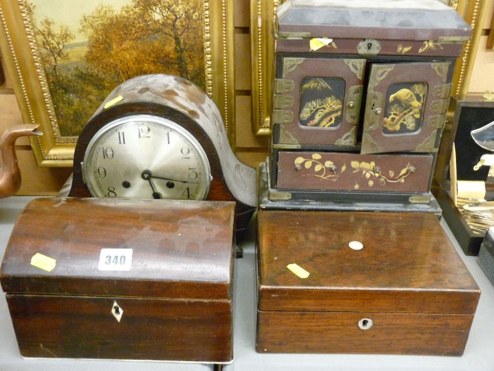 Vintage mantel clock, a dome topped box and one other and an Oriental lacquerwork table cabinet on