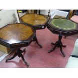 Drum top hexagonal occasional table with leather tooled insert and two others similar