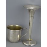 Small silver cup and a trumpet vase