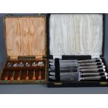 Cased set of six silver handled knives and a boxed set of six EPNS cocoa bean coffee spoons