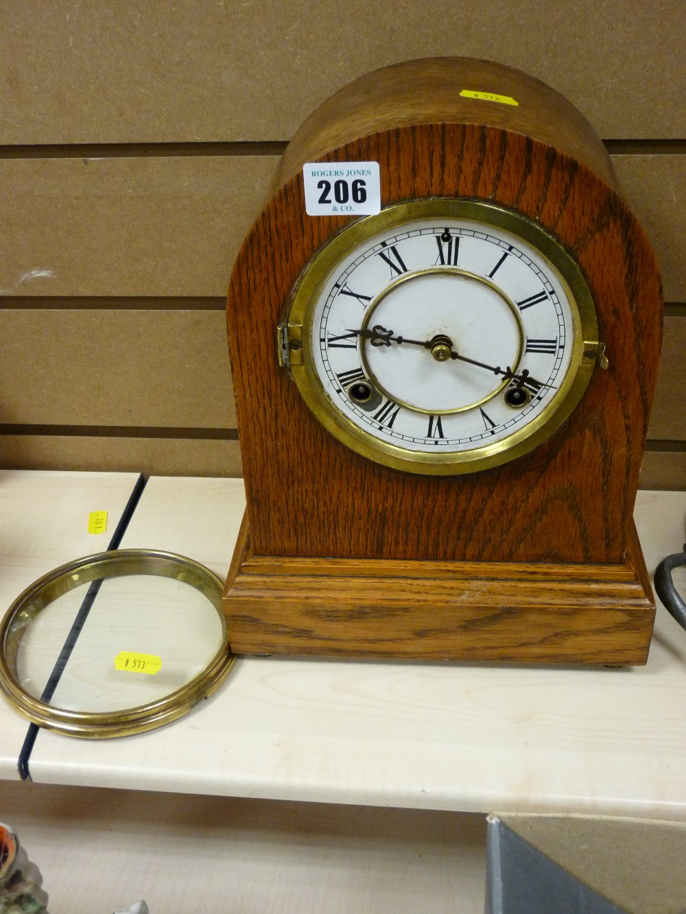 Oak encased mantel clock with painted dial