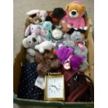 Quantity of Beanie and other soft toys, a Smiths brass cased carriage clock (modern) etc