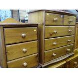 Modern dark pine two over three drawer chest with railback, a similar three drawer chest with