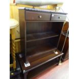 Polished wood and inlaid two tier coffee table and a carved edge two drawer, two shelf console