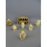 Indian bone decorated lidded box, four pseudo ivory figurines and two similar opium bottles