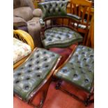 Green button backed upholstered captain's chair with two 'X' framed footstools