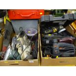 Two boxes of mainly electric power tools by Black & Decker, JCB, 710W angle grinder and red cased