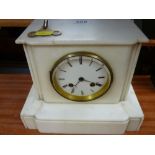 Victorian white marble mantel clock with French brass bell chime movement and key