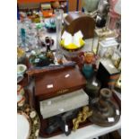 A tray of decorative glass and mixed items including crucifix, Black Forest style carved Friar