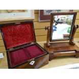 A burr walnut writing box in a shelf together with an inlaid mahogany toilet mirror Condition