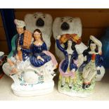 Two Staffordshire flat backs together with two large porcelain dogs Condition reports provided on