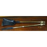 Cast metal and brass fire tools to include poker and shovel (2)