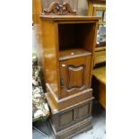 A vintage mahogany night cabinet and an oak coffer back-type chest with base drawer Condition