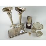 A parcel of mixed silver items including machine-turned duet cigarette case, pair of trumpet vases