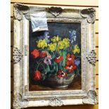 A M VENESS oil on canvas - still life of garden flowers in a Chinese decorated bowl, signed, 45 x