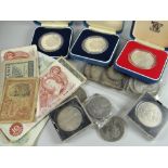 A parcel of cased commemorative coins, loose French Republic coinage and bank notes ETC Condition