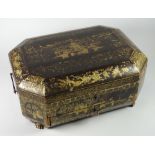 A Victorian Chinese export lacquer work box with metal carry handles decorated with gilt